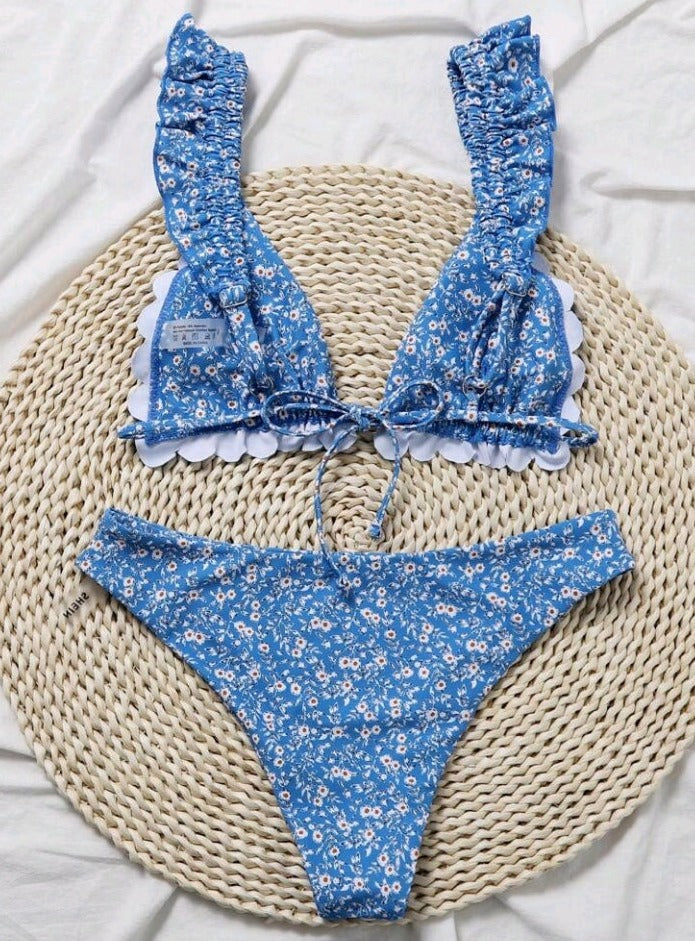 Bikini Triangulo Ribete Fruncido Floral GQ06