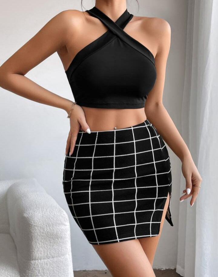Top Halter y Falda con Estampado de Cuadros (507)