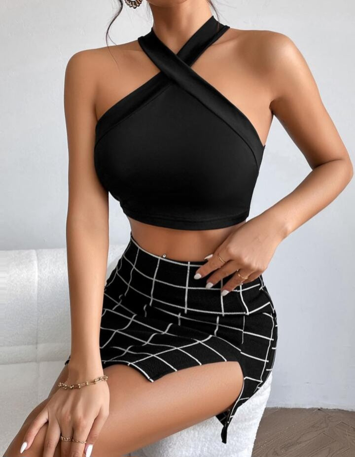 Top Halter y Falda con Estampado de Cuadros (507)