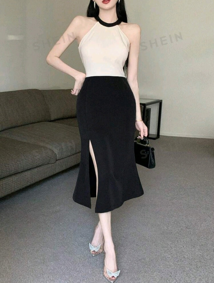 Vestido de Cuello Halter con Bloque de Color IB010