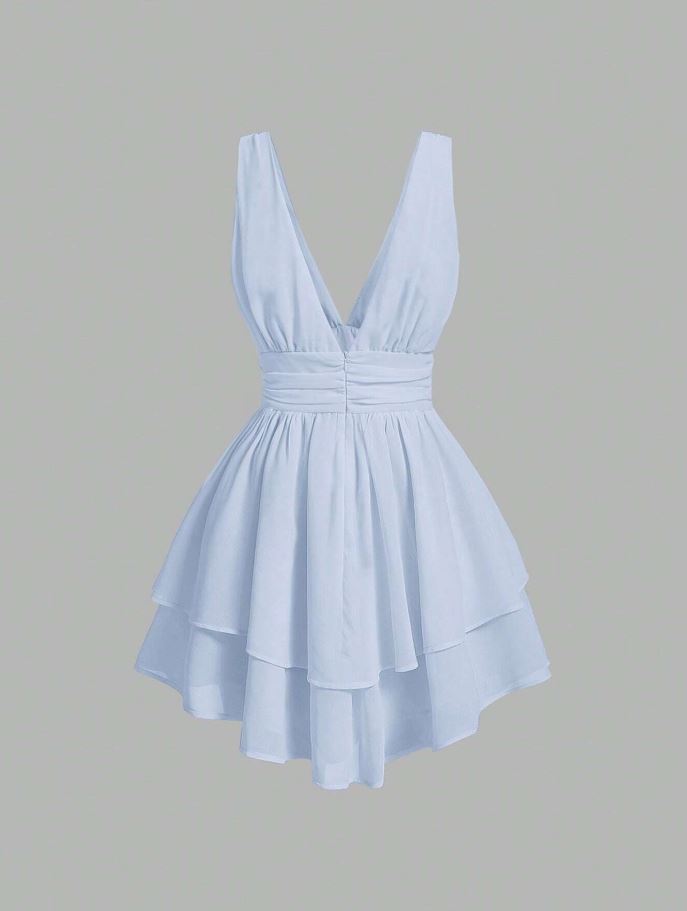 Vestido Unicolor de Cintura con Fruncido de dos Capas GZ04