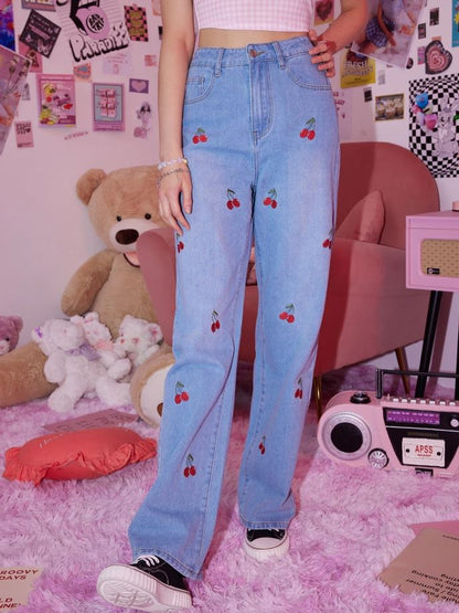 Vaqueros con Bordado de Cereza FX08