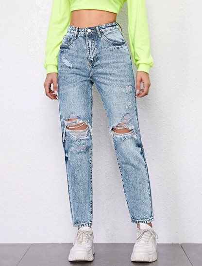 Jeans mom rotos de cintura alta CA03